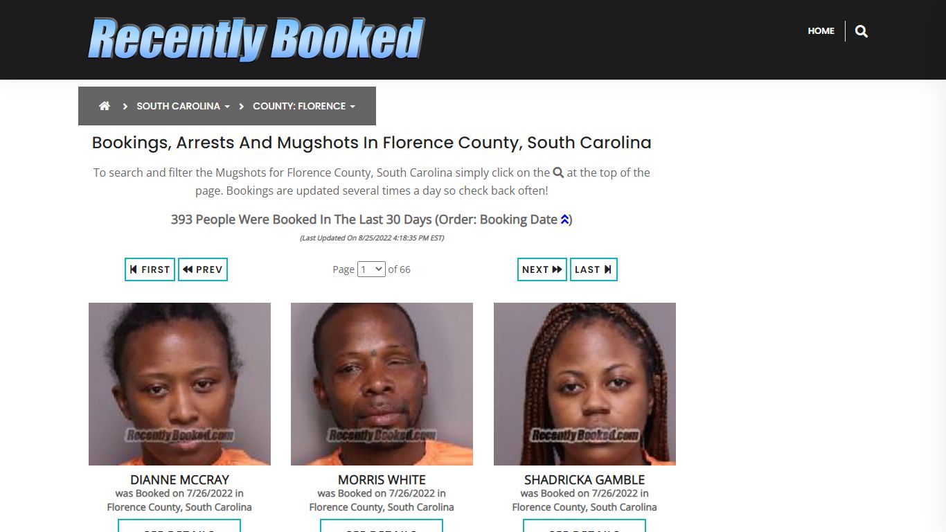 Bookings, Arrests and Mugshots in Florence County, South Carolina